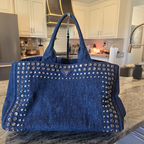 Prada Large Canapa Studded Denim Handbag Tote - Picture 4 of 6
